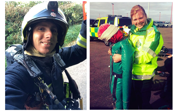 A photo of firefighter Martin Green in kit smiling on the left, and a photo of paramedic Lauren Biffen smiling in kit, holding a dummy patient on the right.