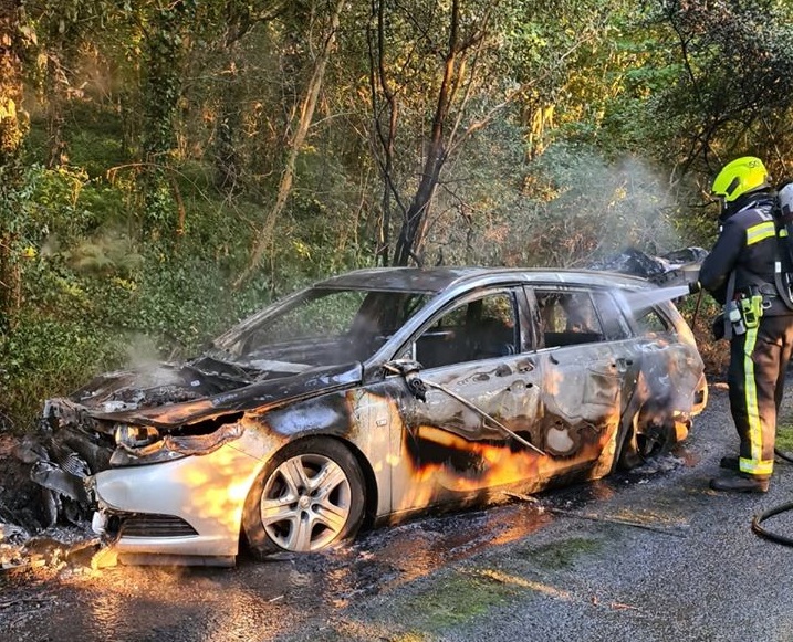 A car fire being extinguished on the side of the road by a firefighter.