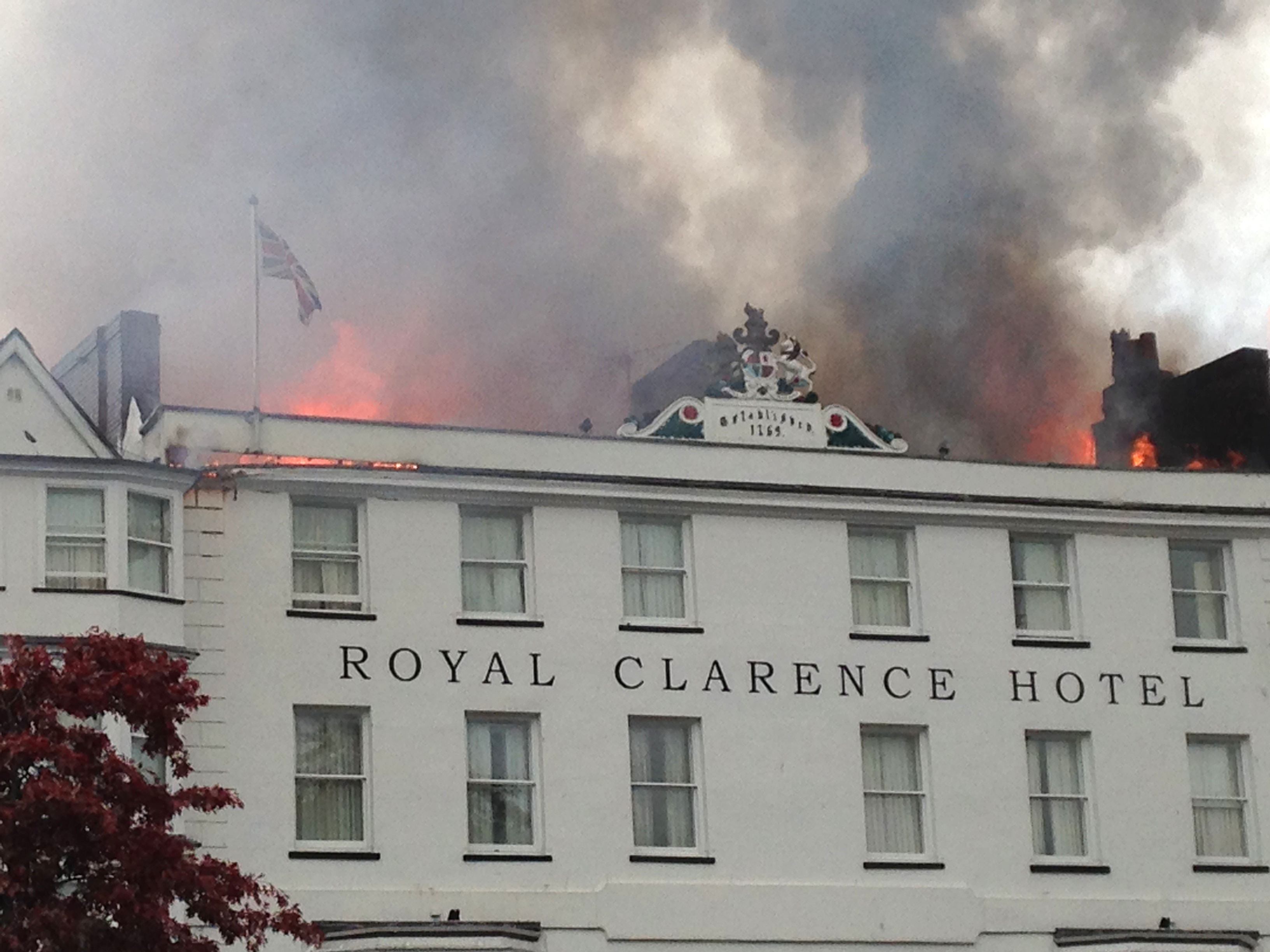 The Royal Clarence Hotel on fire