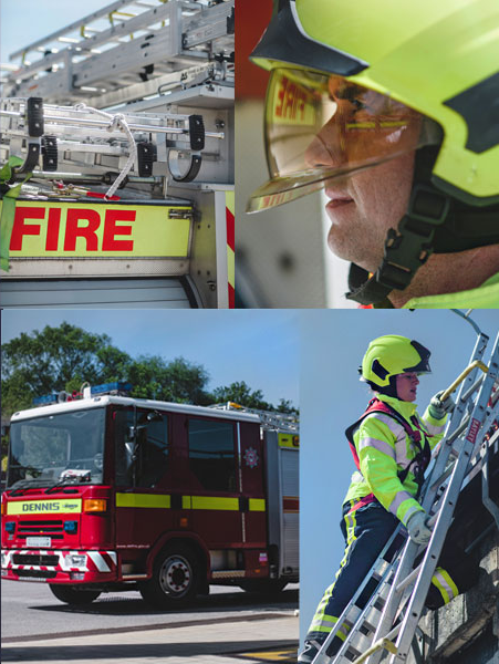 A collection of four photos showing a fire engine at different angles, a close up of a firefighter wearing a yellow helmet and a firefighter at the top of a ladder.