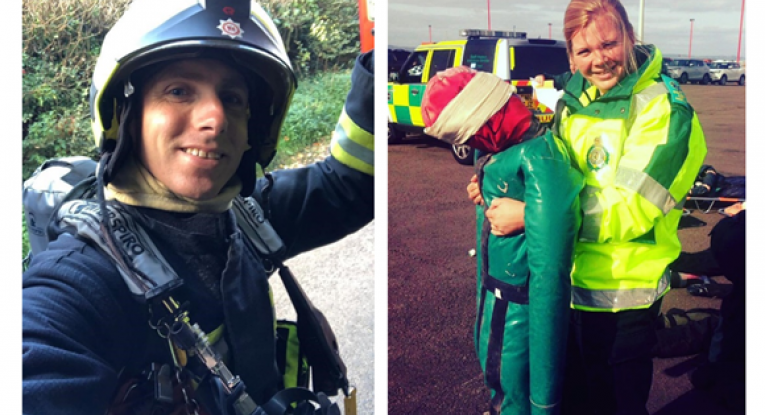 A photo of firefighter Martin Green in kit smiling on the left, and a photo of paramedic Lauren Biffen smiling in kit, holding a dummy patient on the right.
