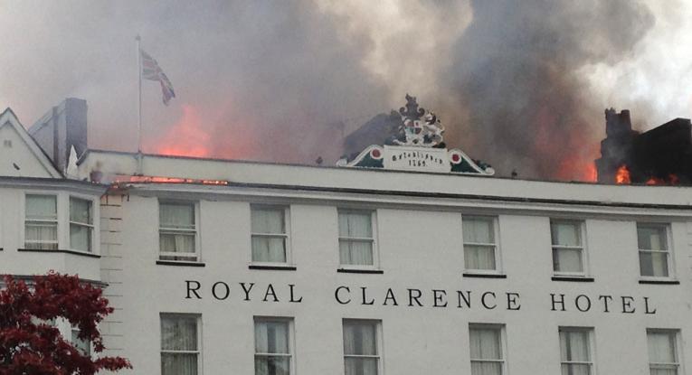 The Royal Clarence Hotel on fire
