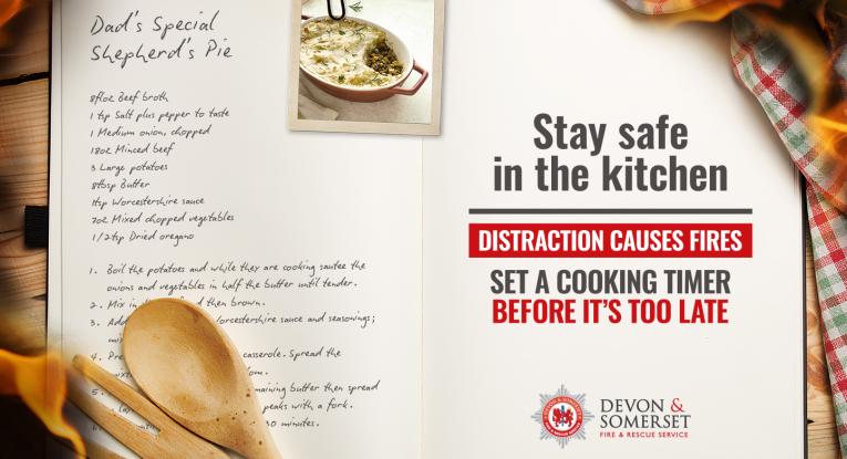 recipe book with 'dad's special shepherds pie' and a message to stay safe in the kitchen - distraction causes fires - set a cooking timer before it's too late